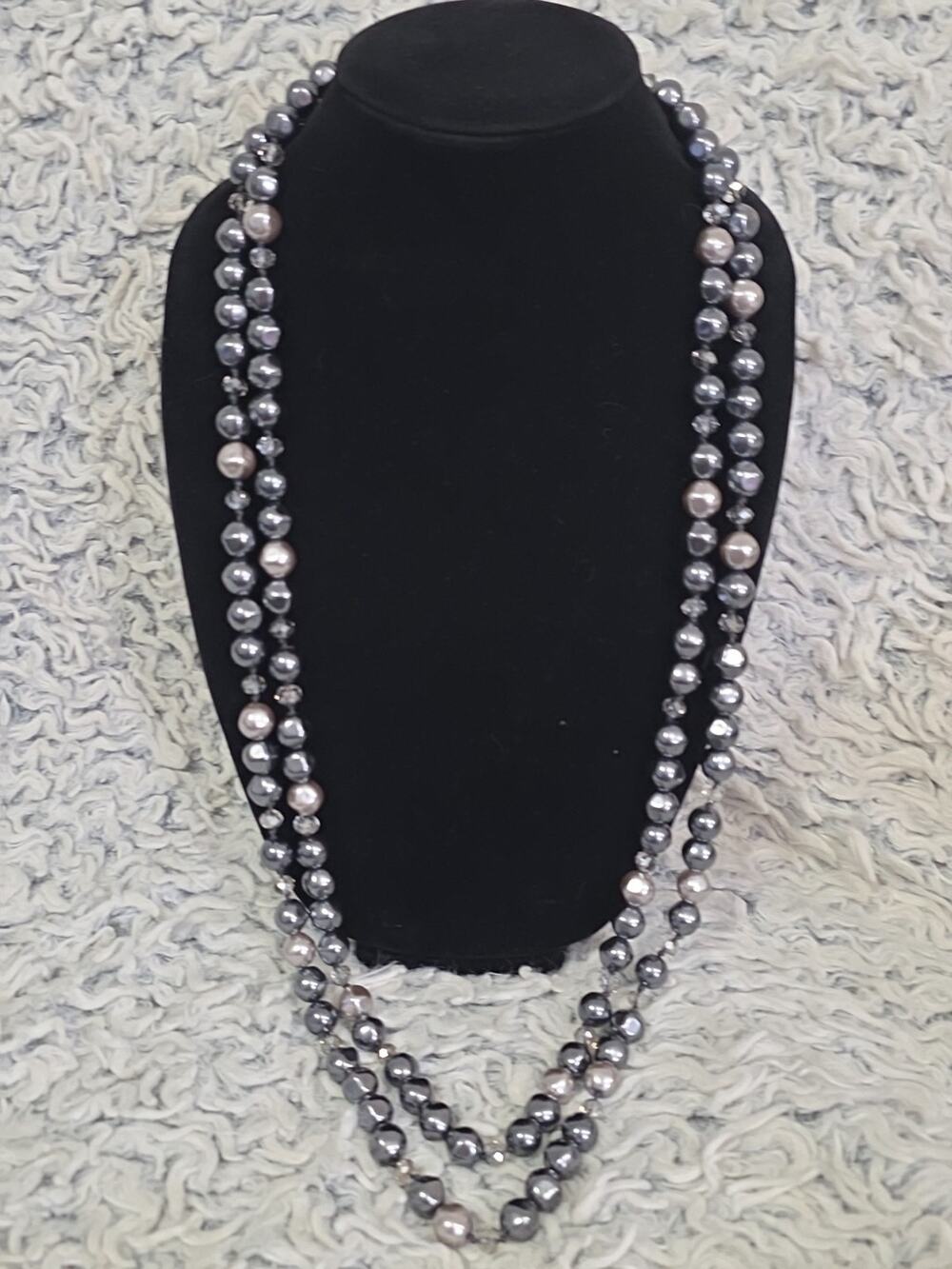 Chico's Signed Necklace Long 2 Layer Beaded Charcoal Silver Gunmetal Statement
